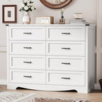 Dresser for Bedroom with 8 Drawers, 54" Wide Wood Chest of Drawers with Deep Drawers & Mental Handle, Modern Dresser TV Stand, Wooden Closet Storage Organizer for Living Room, Hallway, Entryway, White
