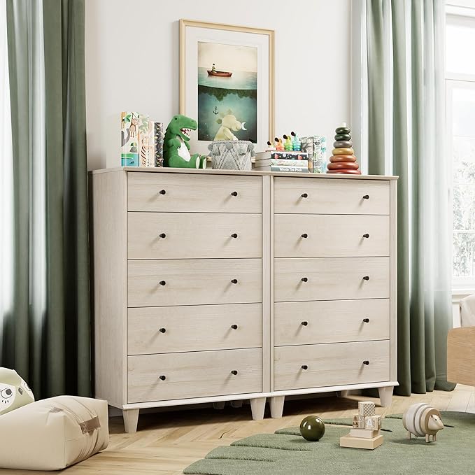 10 Drawer Dresser for Bedroom, 2 in 1 Tall Modern Chest of Drawers, Beveled Profile Design, Wood Drawer Organizer for Bedroom, Living Room, Hallway and Entryway,Oak