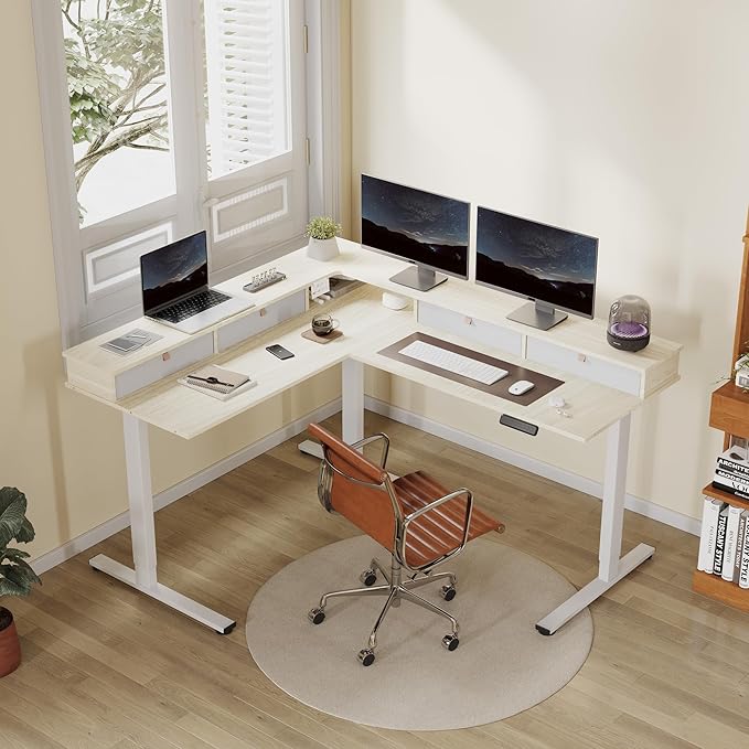 FLEXISPOT 63" L Shaped Standing Desk with Shelf Electric Corner Table, Drawers, Adjustable Computer Workstation for Home, Office,USB Charging Port, 63x55in, Light Maple Top + White Frame