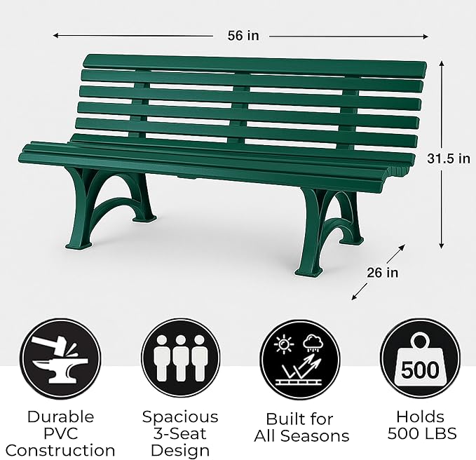 Plow & Hearth Weatherproof German PVC Outdoor Bench | 3-Seat | Holds Up to 500 lbs | Garden Patio Porch Park Deck | Steel and Resin (Green)