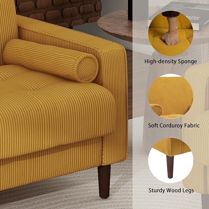 Oversized Accent Chair Set of 2, Corduroy Fabric Mid Century Modern Armchair with Large Seat for Living Room Bedroom Reading