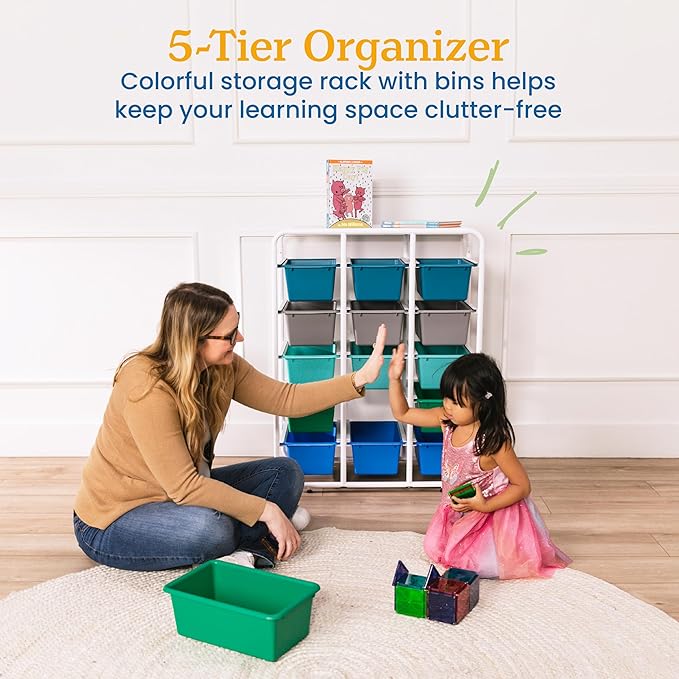 ECR4Kids 5-Tier Storage Rack with 15 Cubby Bins 5x3, Multipurpose Organization, Contemporary