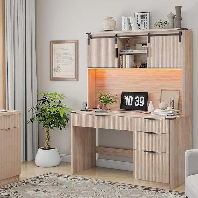 Farmhouse 67" H Executive Desk with Fluted Drawers,4 Drawers Fluted Computer Desk with LED Light,Charging Hub,Wood Workstation with Hutch and Sliding Barn Doors for Work and Study