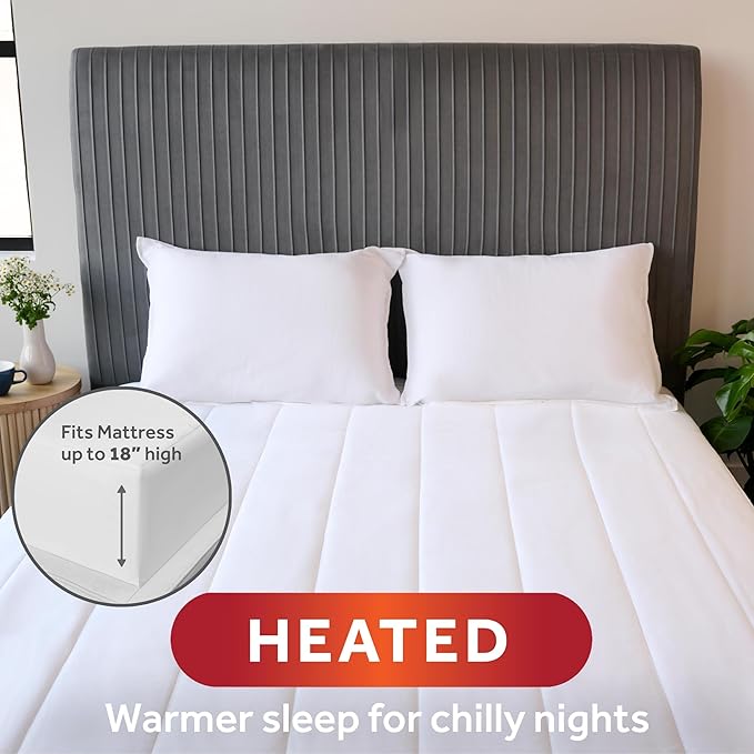 Sunbeam Electric Heated Mattress Pad Restful Quilted Extra-Cozy Fabric 12 Heat Settings 12-Hour Auto Shut-Off Deep Pocket Fit Machine Washable Twin 75" x 39"