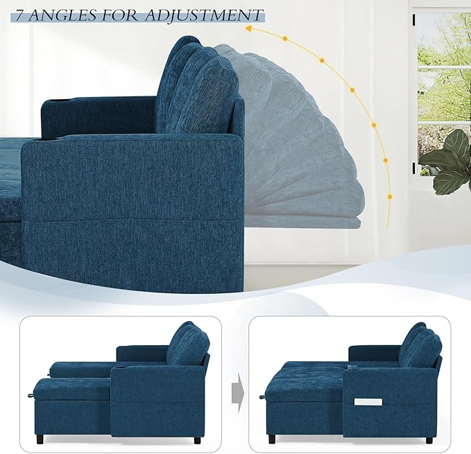 110" Sectional Pull Out Sofa Bed with Adjustable Backrests, U-Shaped Sleeper Sofa with USB Ports, Upholstered Reversible Couch with Cup Holder & Storage Space for Living Room, House, Blue