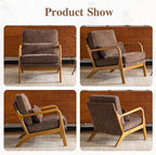 Karl home Mid Century Modern Accent Chair with Lumbar Pillow & Oak Arms – Plush Chenille Living Room Chair for Bedroom, Lounge (Brown)