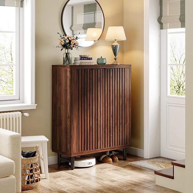 Tribesigns 6-Tier Shoe Cabinet with Shutter Doors, Large Wooden Shoe Organizer Rack with Adjustable Shelves, Modern Farmhouse Hidden Storage Furniture for Entryway, Hallway (Walnut)