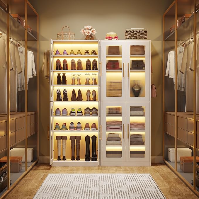 Tribesigns Tall Shoe Storage Cabinet with Acrylic Doors and LED Lights, 8-Tier Entryway Shoe Organizer Rack with Adjustable Shelves and Hanging Hooks for Narrow Closet, Hallway, Living Room, White