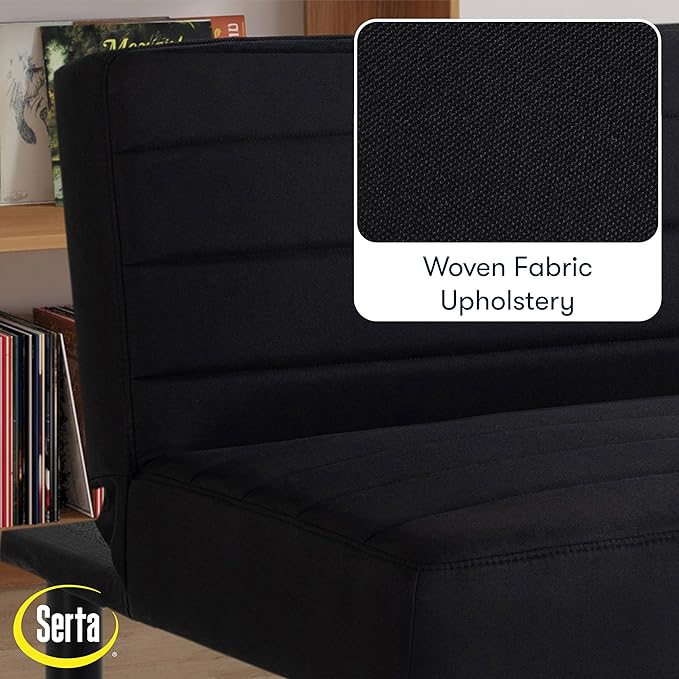 Serta® Damien 66.1" Convertible Futon Sofa, Dreamcoil® Comfort, FingerGuard® Pinch Point Protection, Woven Polyester Fabric, Black
