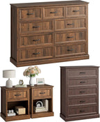 CARPETNAL Farmhouse Dresser and Nightstand Sets for Bedroom, 4 Pcs Bedroom Set, 5 Drawer & 9 Drawer Dresser and Nightstand Set of 2, Wood Chest of Drawers for Living Room, Entryway, Brown