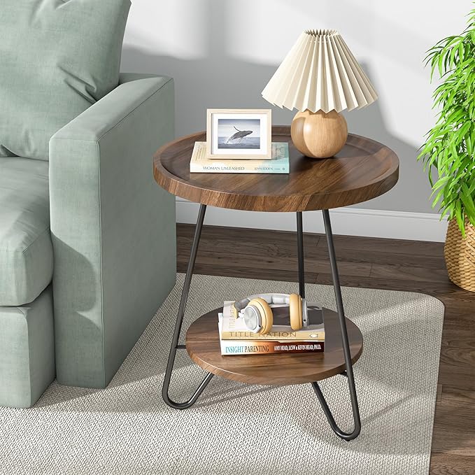 Tribesigns Round Side Table, 2-Tier End Table with Metal Legs, Modern Industrial Beside Table, Small Accent Table Snack Table for Living Room, Bedroom, Small Space, Easy Assembly, Brown