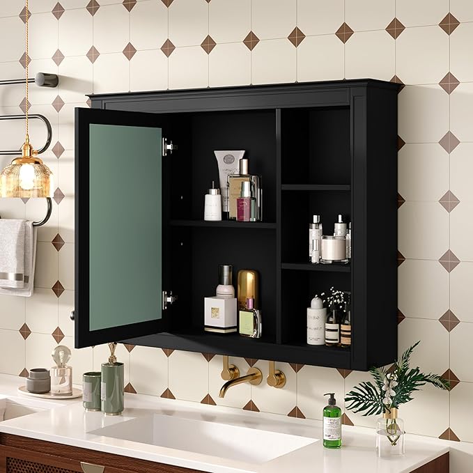 Bathroom Wall Cabinet with Mirror, 35'' x 27.5'' Medicine Cabinet with Mirror Door and Adjustable Shelves, Over Toilet Storage Cabinet, Wall-Mounted Bathroom Mirrors for Over Sink with Storage