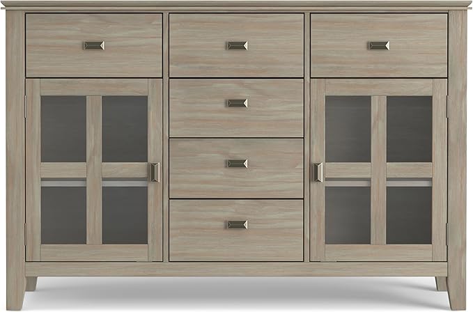SIMPLIHOME Artisan Buffet - 54 inch Wide Solid Wood 3-Door Sideboard Buffet in Distressed Grey, Transitional Storage Cabinet for Dining Room or Kitchen with Adjustable Shelves and Bronze Hardware