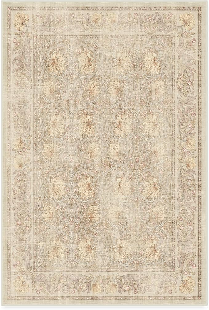 RUGGABLE x Morris & Co Washable Area Rug – Pimpernel Vintage Stone 4x6, Stain-Resistant, Non-Slip – Medium Machine Washable Rugs for Living Room, Bedroom, Hallway, Entryway & Office–with Standard Pad
