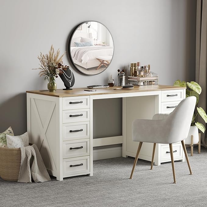 WOPITUES 60" Farmhouse Home Office Desk with 10 Wooden Drawers, Rustic Computer Writing Desk with Power Outlets, Large Executive Desk with Storage Cabinet for Work Study Writing, Rustic Brown & White
