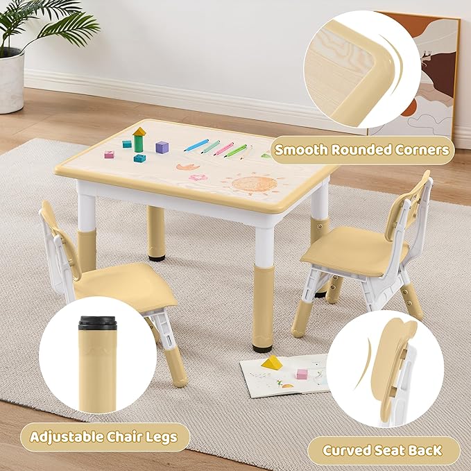 Adjustable Kids Table Chairs Set – Graffiti Desktop, Multi-Activity Height-Adjustable Toddler Study Desk for Ages 3-8 – Ideal for Home, Classroom, Daycare (W-Brown, 2 Chairs-31.5" L x 23.6" W)