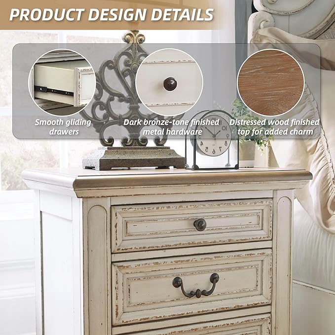 Signature Design by Ashley Realyn French Country 3 Drawer Nightstand with Electrical Outlets & USB Ports, 27.75" Tall, Chipped White