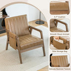EROMMY Mid Century Modern Leather Accent Chair with Wood Frame, Faux Leather Accent Armchair with Storage Bag,Pu Living Room Accent Chair for Reading, Bedroom,Light Brown