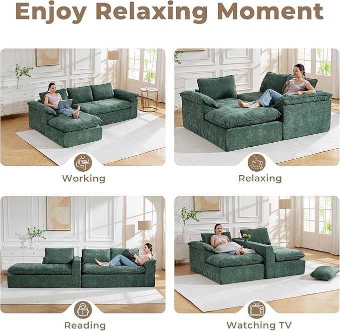 Modular Sectional Sofa, 107.5" L-Shaped Boneless Couch with Deep Seat, Modern Minimalist Upholstered Cloud Sectional Couch for Living Room Bedroom, No Assembly Required, Green Chenille
