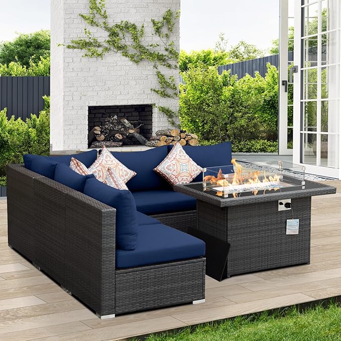NICESOUL 6 Piece Modern Wicker Patio Furniture Set with Firepit Natural Gas/Propane, 29.3'' High-Back Deep Wide Seat Outdoor Conversation for Backyard, Oversized Sofa Couch, 2 Color Cushion Navy&Gray