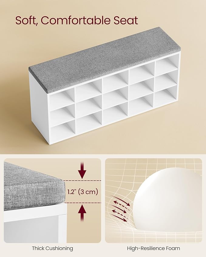 VASAGLE CUSTOS Collection - Shoe Bench, Storage Bench with Padded Seat, Entryway Bench with 15 Compartments, for Bedroom, 11.8 x 41.3 x 18.9 Inches, Cloud White and Dove Gray ULHS15WT