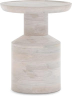SIMPLIHOME Haynes End Table - 16 inch Wide Solid Mango Wood Round Accent Table with Sculptural Pedestal Base in White Wash, Boho Nightstand or Lamp Stand for Living Room or Bedroom, Assembled