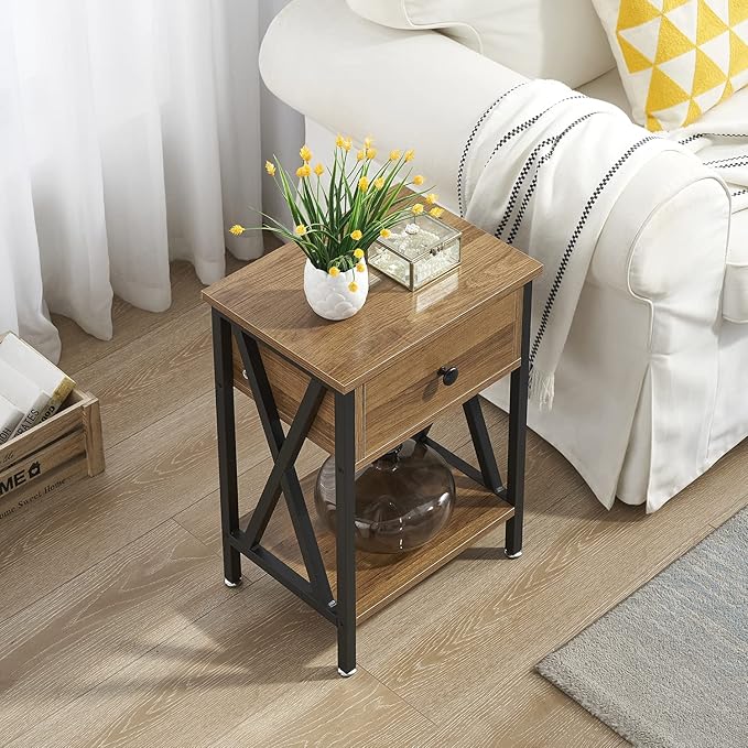VECELO End Tables, Modern Nightstand with Drawer & Shelf, Night Stand for Bedroom Living Room,Industrial Metal Frame