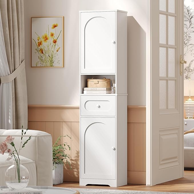 Maupvit 65" Tall Bathroom Storage Cabinet, Narrow Storage Cabinet with 2 Doors and Drawer, Bathroom Organizers with Adjustable Shelves for Living Room, Entryway, White
