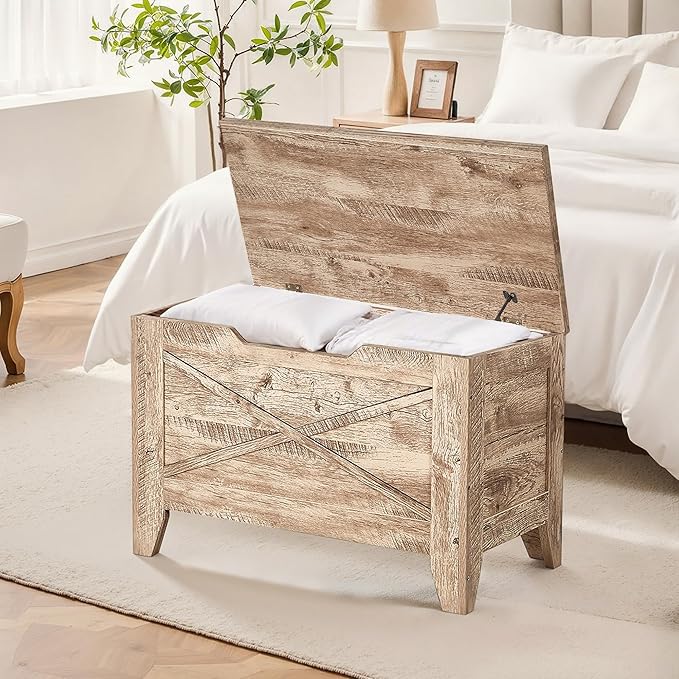 VECELO 30" Storage Bench, Entryway Shoe Ottoman, Farmhouse Style Bench with Handwoven Cushion and Metal Safety Hinges, for Bedroom, Living Room, Entryway, Wood