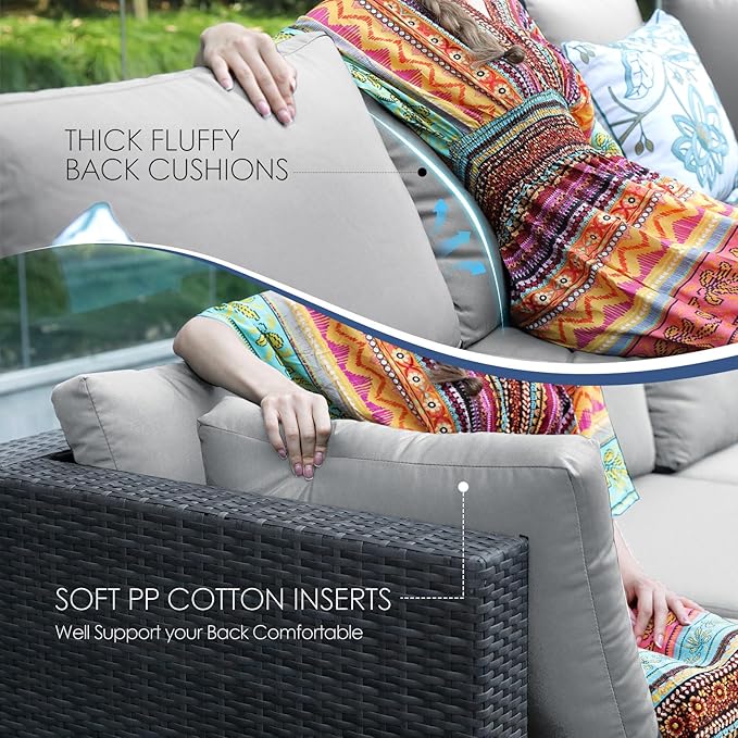 NICESOUL 7 Piece Modern Outdoor Seating Groups with Firepit Natural Gas/Propane, 29.3'' High Back Oversized Rattan Patio Conversation Sofas Set, Deep Seated Wide Sectional Couches for Outside, Gray