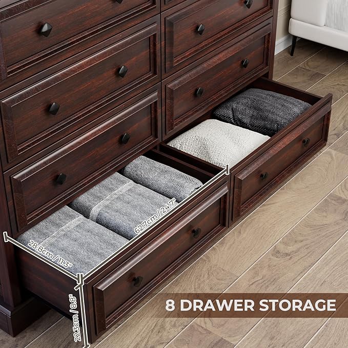 Farmhouse 8 Drawer Dresser for Bedroom, 54" Wide Wood Dresser with Natural Texture, Vintage Metal Double Hand Knobs, Rustic Chest of Drawers for Bedroom, Living Room, Hallway, Cherry