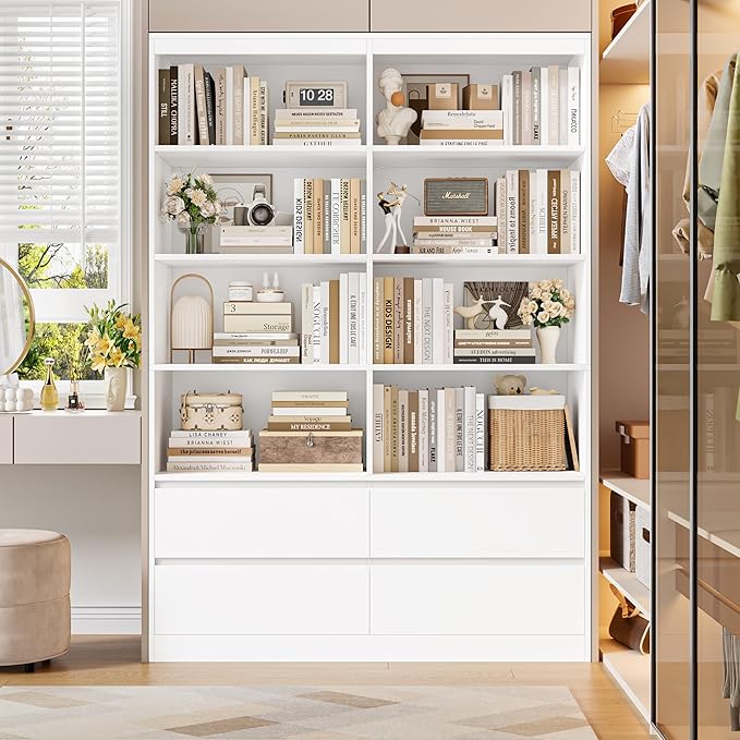 FINETONES 71" White Bookshelf with Drawers, 47.3" Double Wide Bookshelves and Bookcases with Storage, Tall Bookshelf Large Open Book Shelf Standing Book Case for Home Office, White