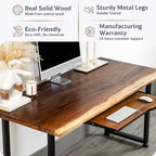 Wood Computer Desk with Keyboard Tray - 48x27 Solid Wood Desk, Live Edge Walnut Desk, Sturdy Metal Legs - Scratch and Stain Resistant Finish - Premium Quality