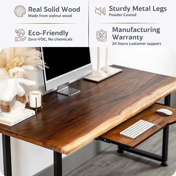 Wood Computer Desk with Keyboard Tray - 48x27 Solid Wood Desk, Live Edge Walnut Desk, Sturdy Metal Legs - Scratch and Stain Resistant Finish - Premium Quality
