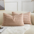 Pack of 2 Faux Fur Throw Pillow Covers 12x20 Inch Striped Decorative Soft Plush Couch Pillow Case Home Decor for Bed, Sofa, Living Room Beige