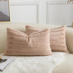 Pack of 2 Faux Fur Throw Pillow Covers 12x20 Inch Striped Decorative Soft Plush Couch Pillow Case Home Decor for Bed, Sofa, Living Room Beige