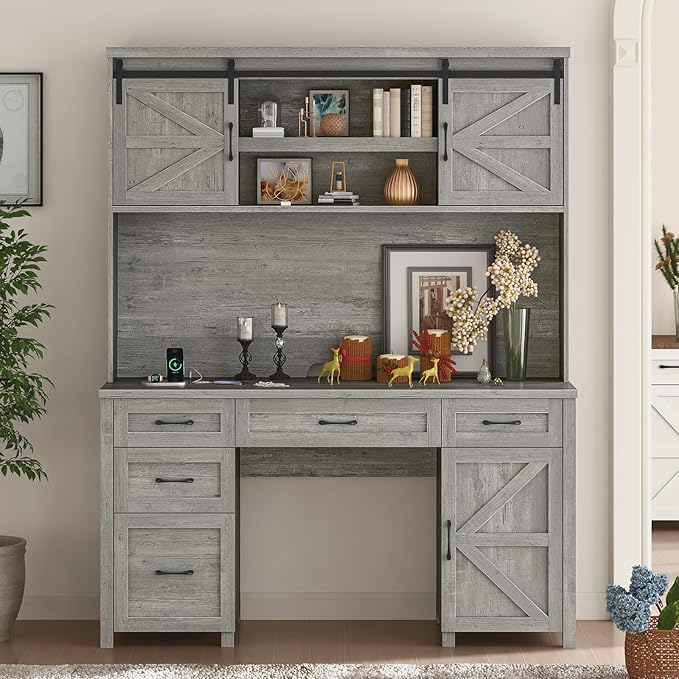 Farmhouse 67''H Executive Desk with Hutch & 5 Drawers, Rustic Office Desks Computer Desks with Charging Station, File Drawers and Storage Cabinets, Wood Workspace for Home Office & Study.(Grey)