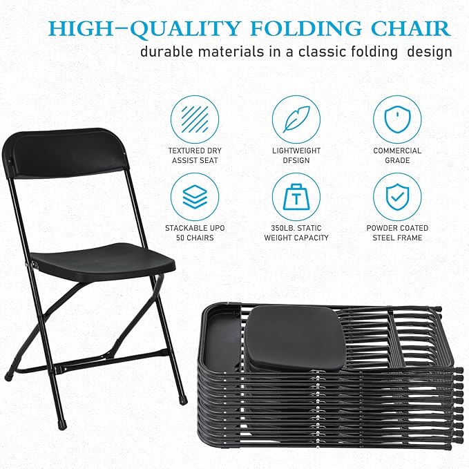 10 Pack Black Plastic Folding Chairs for Outside, Portable Stackable Commercial Metal Foldable Chairs with Steel Frame for Home Events Office Wedding Party, 350lbs Capacity