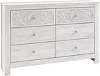 Signature Design by Ashley Paxberry Boho 6 Drawer Dresser, Smooth-gliding Faux Laminate Lined Drawers, Wood, 61.26" W x 15.83" D x 40" H, Whitewash