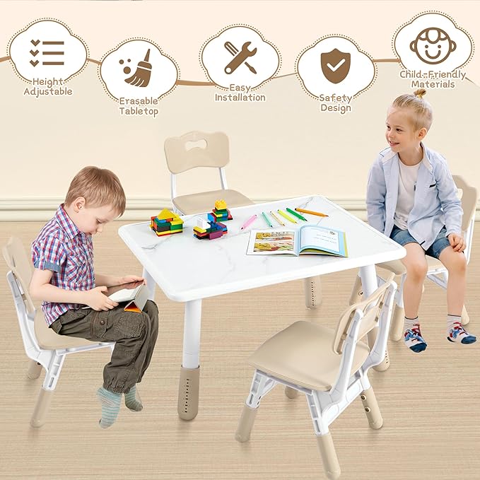 Adjustable Kids Table Chairs Set – Graffiti Desktop, Multi-Activity Height-Adjustable Toddler Study Desk for Ages 3-8 – Ideal for Home, Classroom, Daycare (B-Brown, 4 Chairs-31.5" L x 23.6" W)