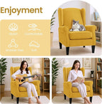 Accent Chairs for Bedroom, Yellow Fabric Classic Highback Reading Chairs, Elegant Farmhouse Single Couch Sofa with Wing Back, Modern Living Room Upholstered Armchair