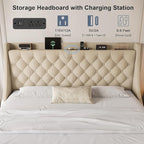King Size Upholstered Platform Bed Frame with 4 Storage Drawers and Charging Station, Linen Button Tufted Wingback Headboard, Sturdy Wooden Support Slats, No Box Spring Needed, Beige