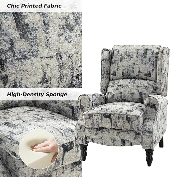 HULALA HOME Upholstered Wingback Recliner Chair Set of 2, Small Adjustable Footrest Push Back Single Reclining Sofa, Mid Century Modern Lounge Armchair for Living Room, Bedroom, Reading/Grey