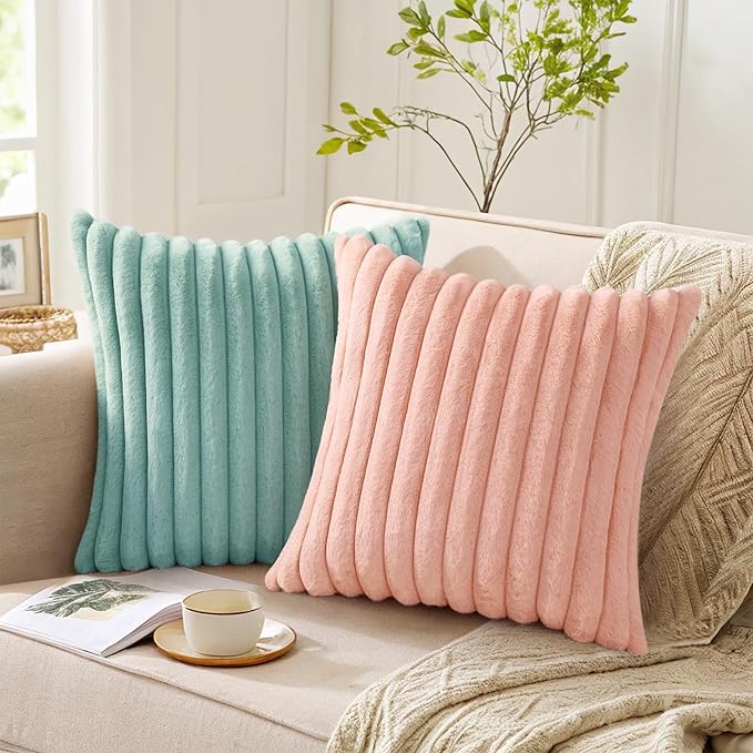 Pallene Faux Fur Plush Throw Pillow Covers 22x22 Set of 2, Luxury Soft Fluffy Striped Decorative Pillow Covers for Sofa, Couch, Living Room, Aqua