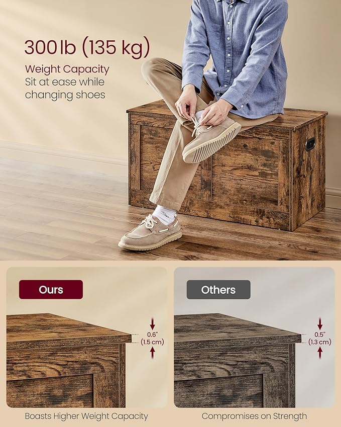 VASAGLE Storage Chest, Storage Trunk with 2 Safety Hinges, Storage Bench, Shoe Bench, Farmhouse Style, 15.7 x 31.5 x 18.3 Inches, for Entryway, Bedroom, Living Room, Rustic Brown ULSB064K01