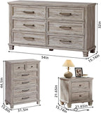 Farmhouse Bedroom Dresser and Nightstand Set of 4, 6 Drawer Tall & Low Dresser & 2 Drawer Nightstand Set, Rustic Wood Bedroom Furniture Set for Livingroom, Hallway, Grey