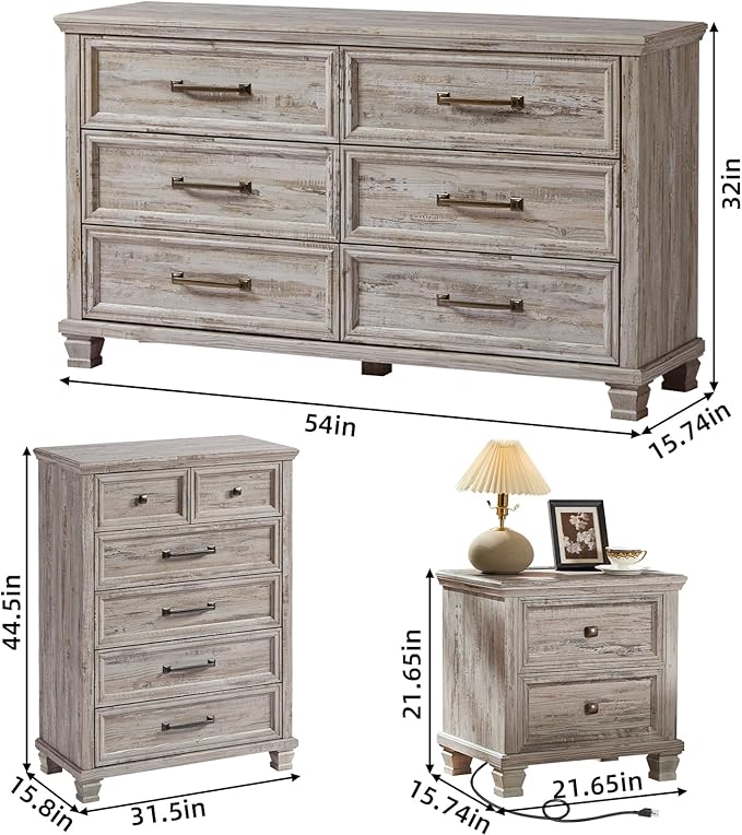 Farmhouse Bedroom Dresser and Nightstand Set of 4, 6 Drawer Tall & Low Dresser & 2 Drawer Nightstand Set, Rustic Wood Bedroom Furniture Set for Livingroom, Hallway, Grey
