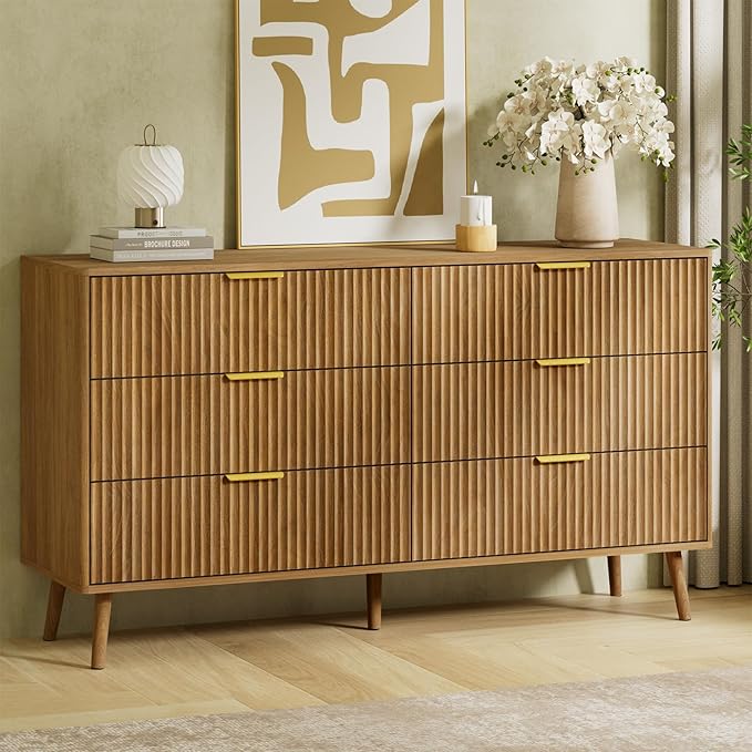 LYNSOM Fluted Dresser and Nightstand Sets 4 Piece, 2-Drawer Nightstands and 5/6 Drawers Dresser, Wood Bedroom Furniture Set for Home, Bedroom, Hallway, Natural Oak