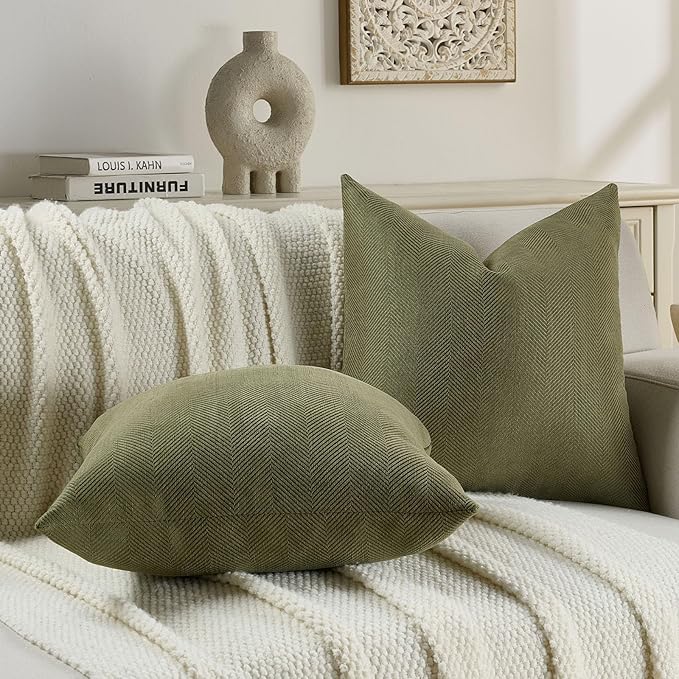 FUTEI Moss Green Chenille Throw Pillow Covers 26x26 Inch Set of 2,Soft Wide Chevron Textured Euro Pillow Shams,Farmhouse Home Decor for Couch Bed Living Room
