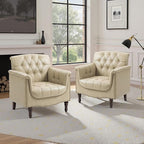 Faux Leather Accent Chair, PU Leather Modern Comfy Upholstered Armchair with Wood Legs & Nailhead Trim for Living Room, Bedroom (Beige,Set of 2)
